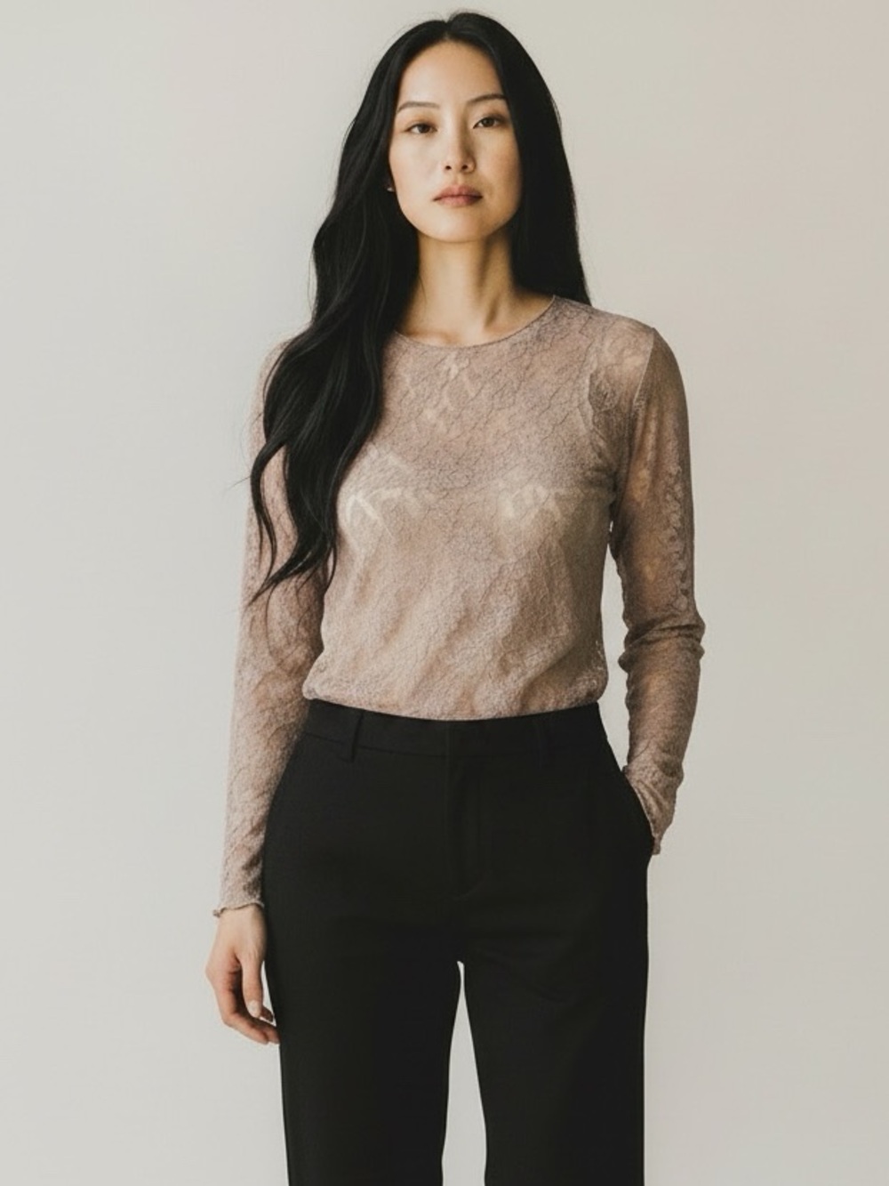 Hanky Panky Taupe Floral Lace Long Sleeve Top Sheer USA Small
